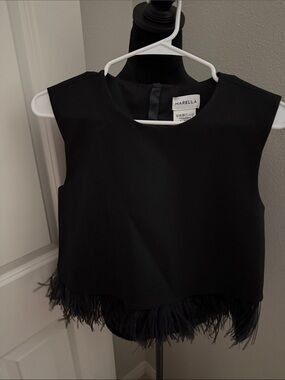 MARELLA Black Feather-Trim Crop Top